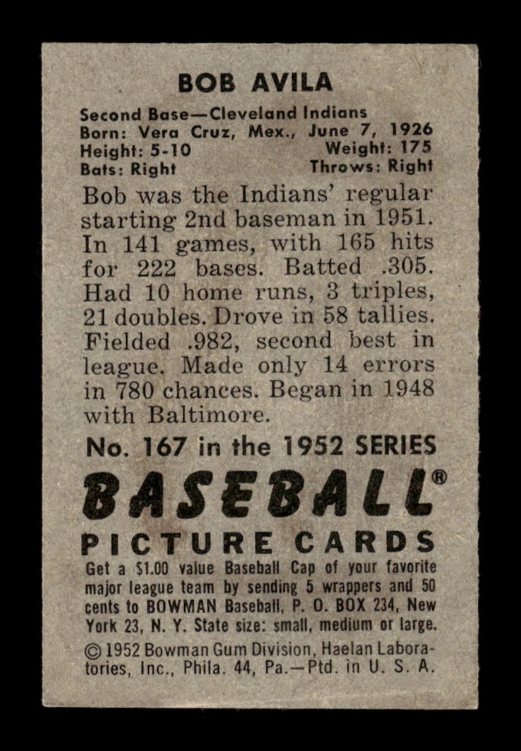 1952 Bowman #167 Bob Avila Cleveland Indians G/VG 10012306