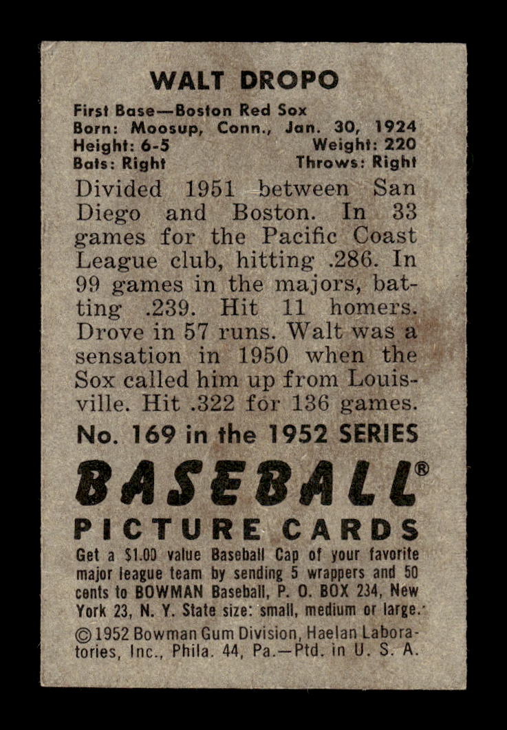 1952 Bowman #169 Walt Dropo Boston Red Sox G/VG 10012307