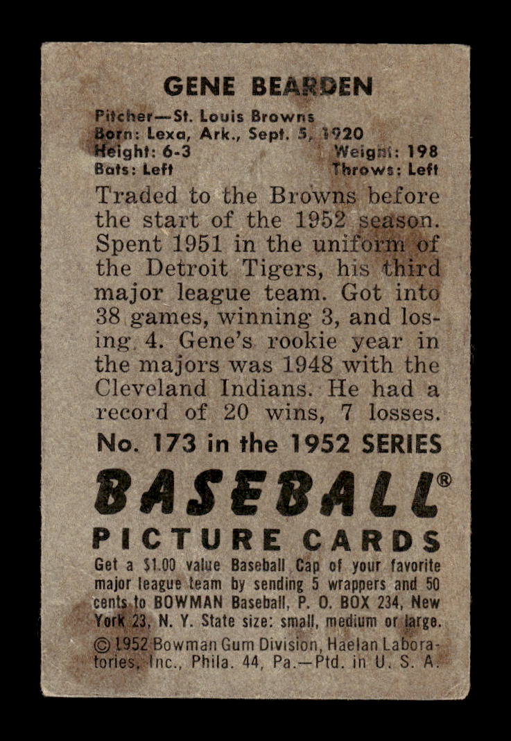 1952 Bowman #173 Gene Bearden St. Louis Browns G/VG 10012309