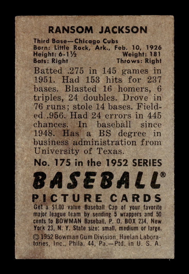 1952 Bowman #175 Ransom Jackson Chicago Cubs G/VG 10012310