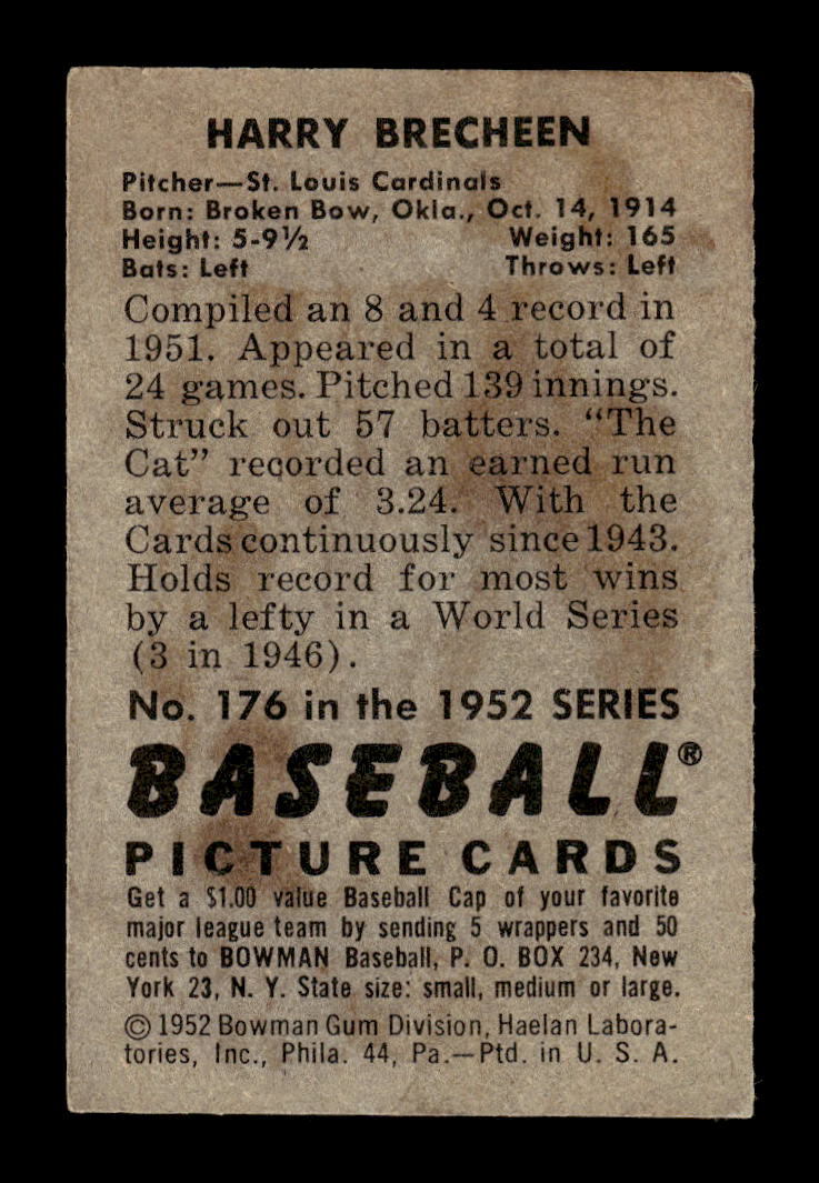 1952 Bowman #176 Harry Brecheen St. Louis Cardinals G/VG 10012311