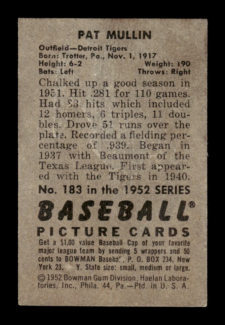 1952 Bowman #183 Pat Mullin Detroit Tigers G/VG 10012314