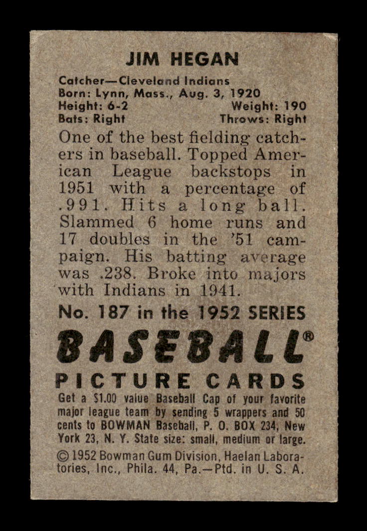 1952 Bowman #187 Jim Hegan Cleveland Indians G/VG 10012317