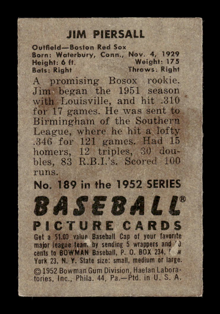 1952 Bowman #189 Jim Piersall Boston Red Sox G/VG 10012318
