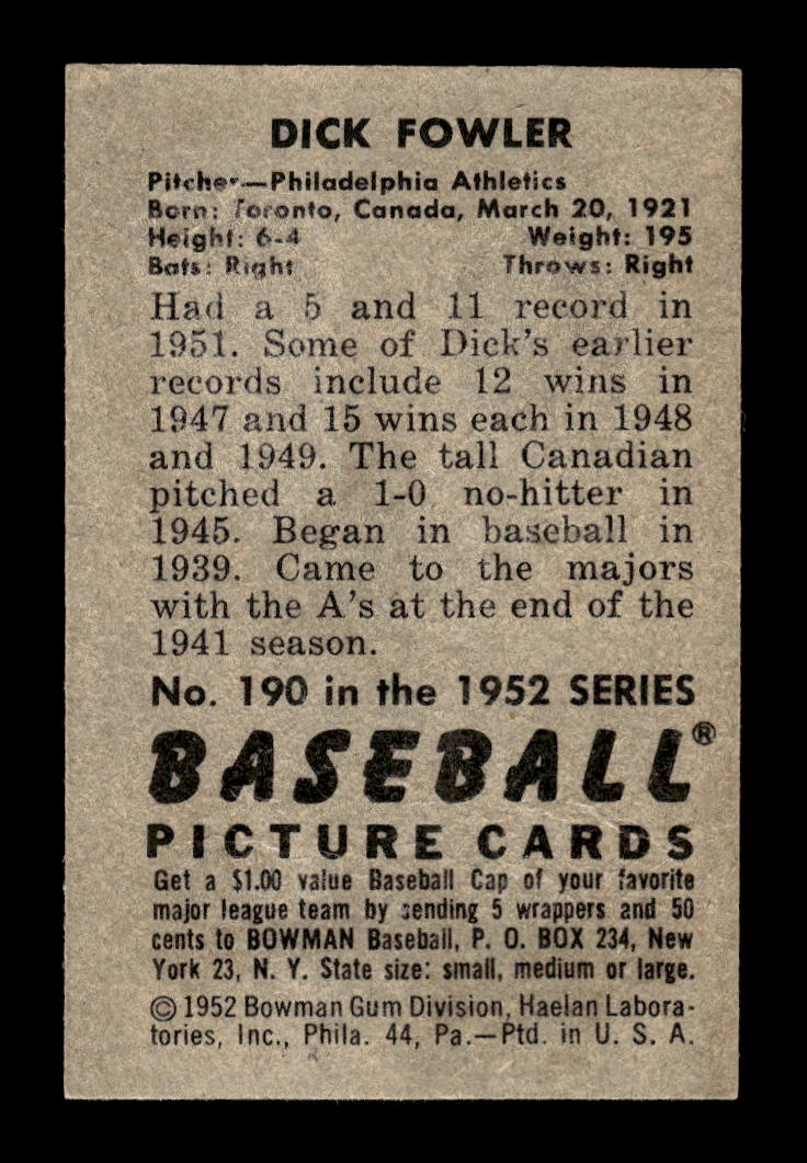 1952 Bowman #190 Dick Fowler Philadelphia Athletics G/VG 10012319