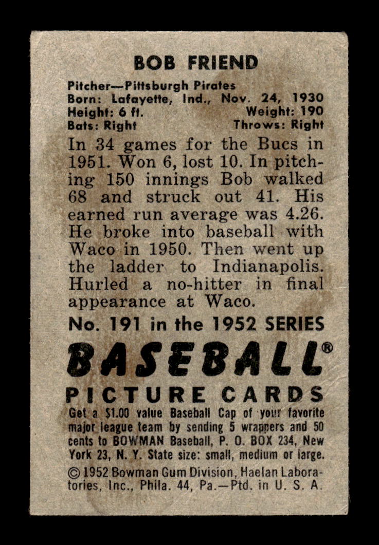 1952 Bowman #191 Bob Friend Pittsburgh Pirates G/VG 10012320