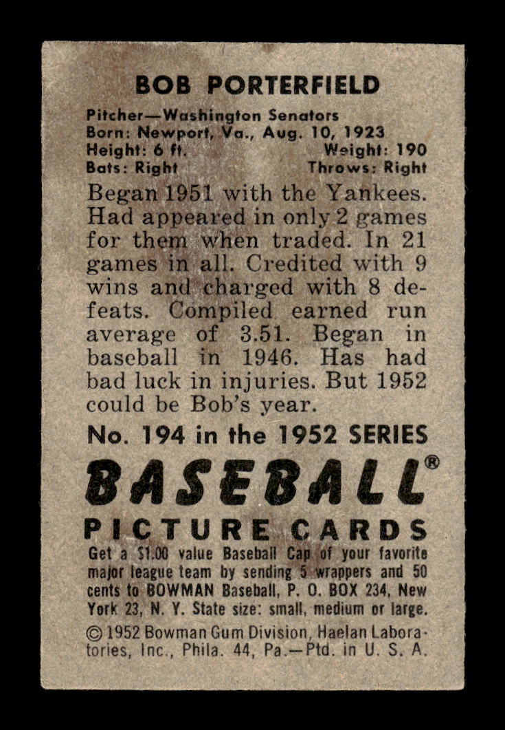 1952 Bowman #194 Bob Porterfield Washington Senators G/VG 10012322
