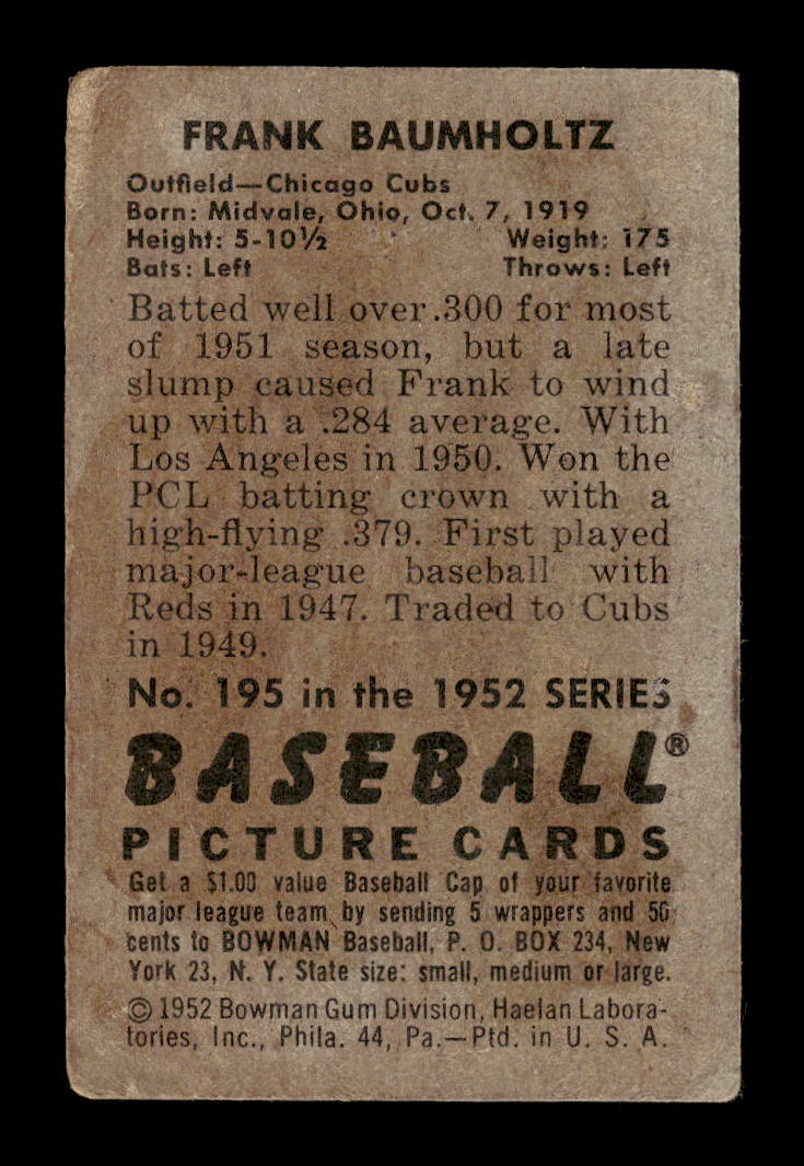 1952 Bowman #195 Frank Baumholtz Chicago Cubs G/VG 10012323
