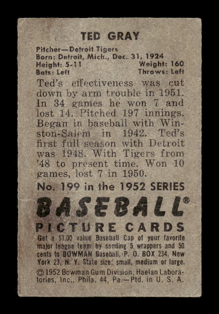 1952 Bowman #199 Ted Gray Detroit Tigers G/VG 10012324