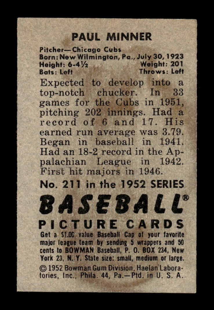 1952 Bowman #211 Paul Minner Chicago Cubs G/VG 10012328