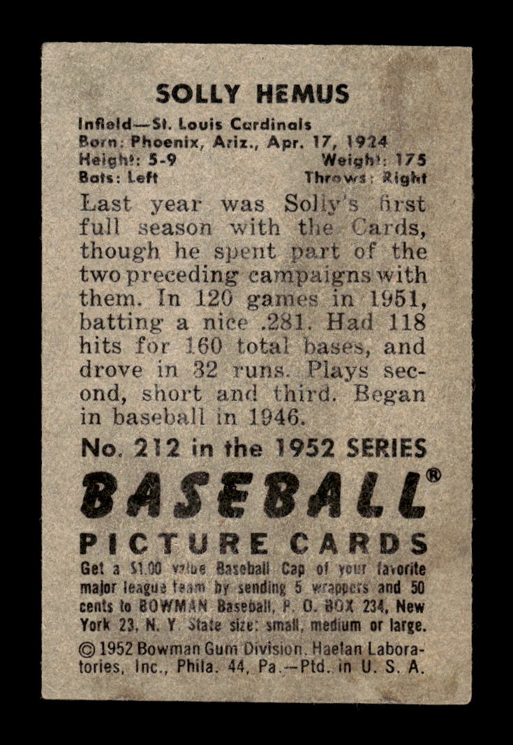 1952 Bowman #212 Solly Hemus St. Louis Cardinals G/VG 10012329