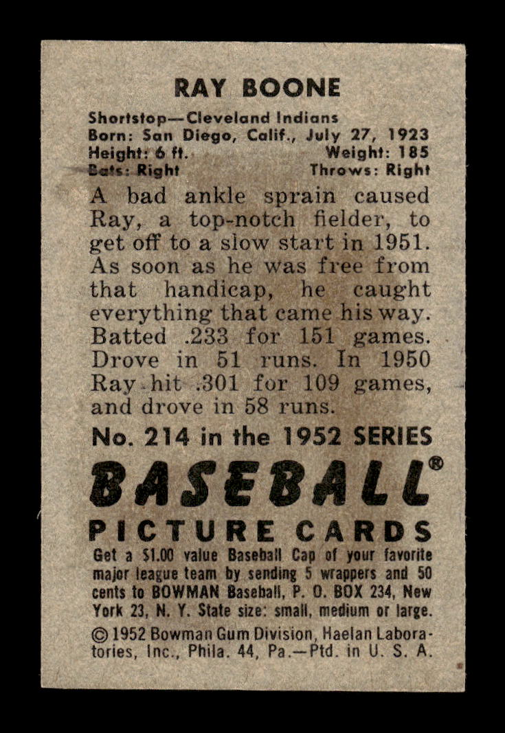 1952 Bowman #214 Ray Boone Cleveland Indians G/VG 10012330