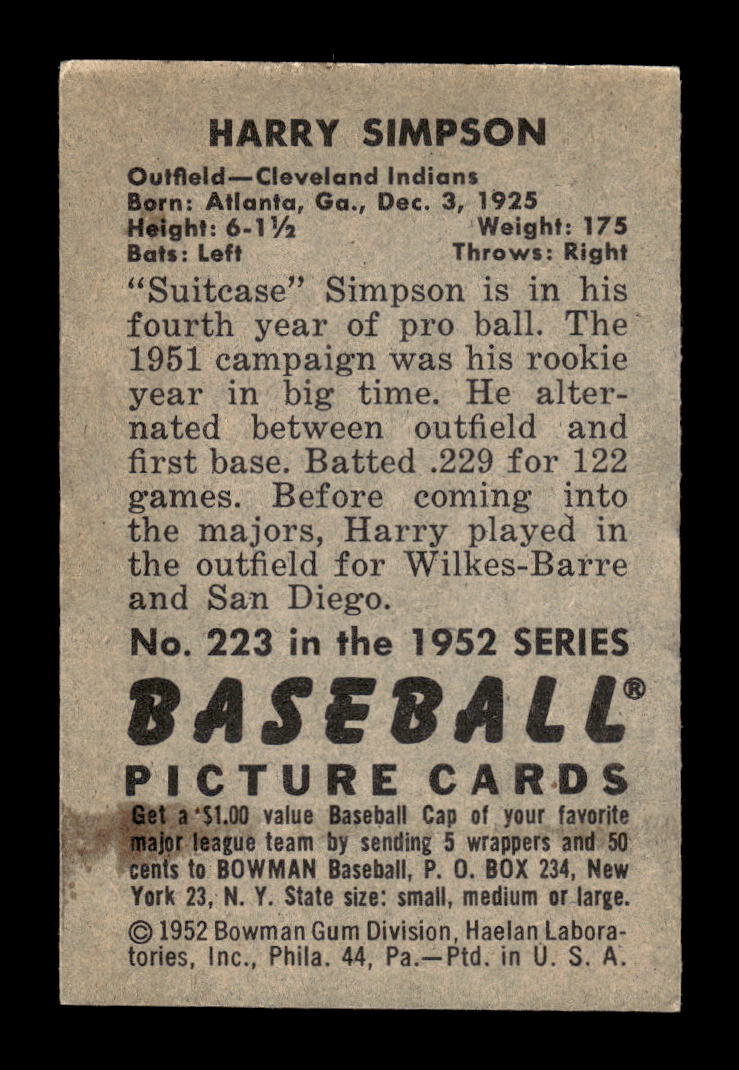 1952 Bowman #223 Harry Simpson Cleveland Indians G/VG 10012331
