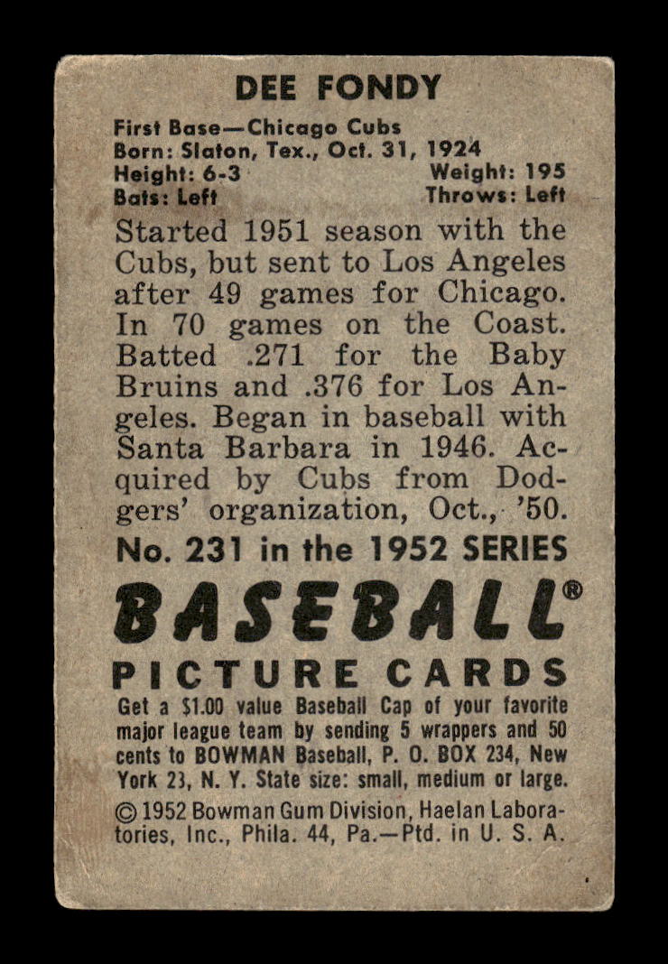 1952 Bowman #231 Dee Fondy Chicago Cubs G/VG 10012332