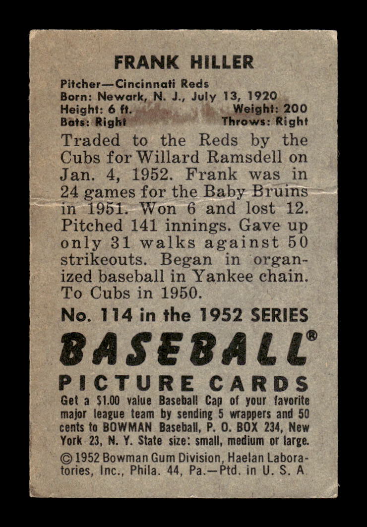 1952 Bowman #114 Frank Hiller Cincinnati Reds Poor 10012335