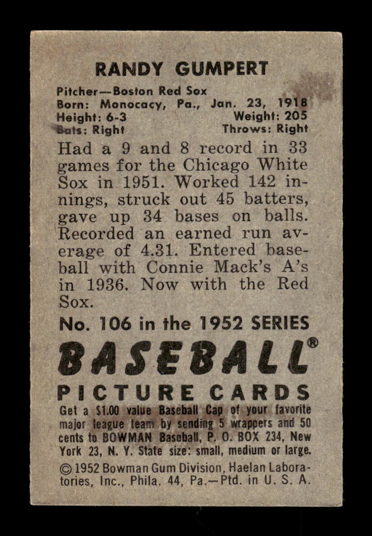 1952 Bowman #106 Randy Gumpert Boston Red Sox G/VG 10012337