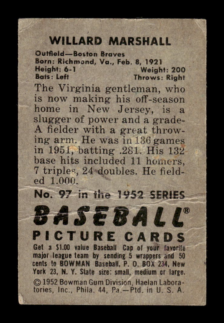 1952 Bowman #97 Willard Marshall Boston Braves Poor 10012339