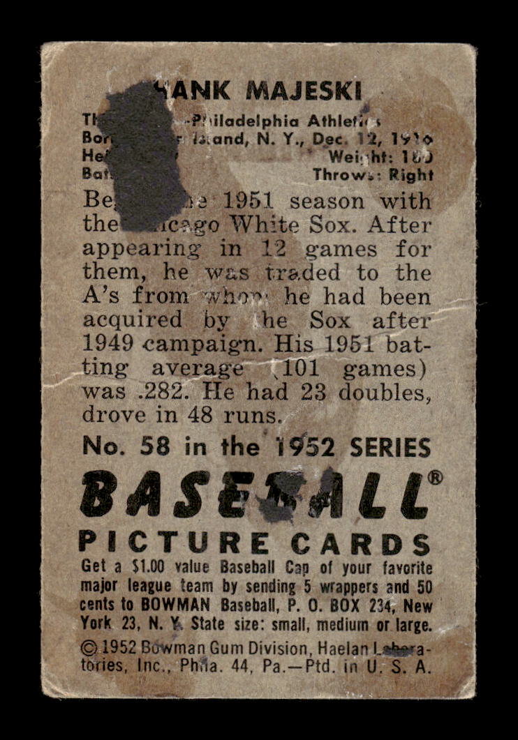 1952 Bowman #58 Hank Majeski Philadelphia Athletics Poor 10012341