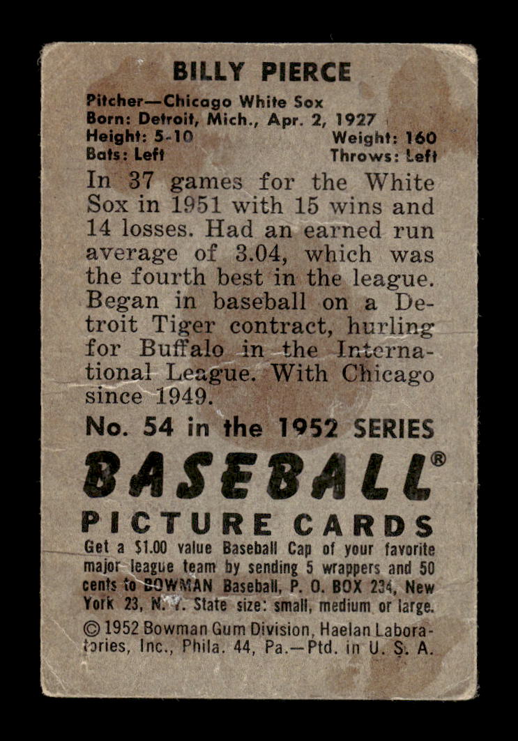 1952 Bowman #54 Billy Pierce Chicago White Sox Poor 10012342