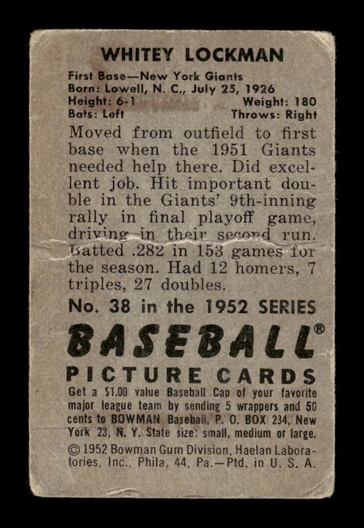 1952 Bowman #38 Whitey Lockman New York Giants Poor 10012343