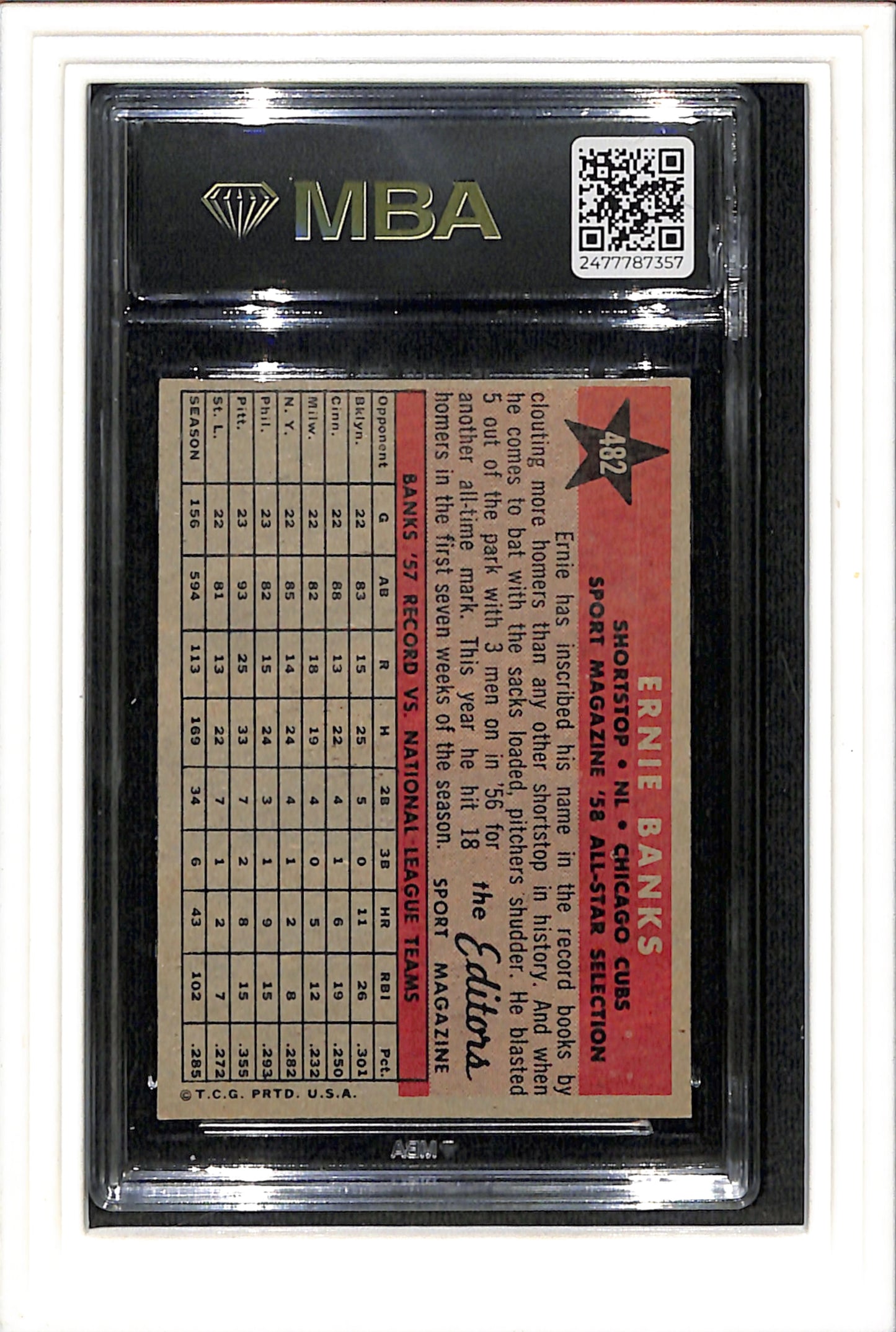 1958 Topps #482 Ernie Banks MBA 5 SN 2477787357
