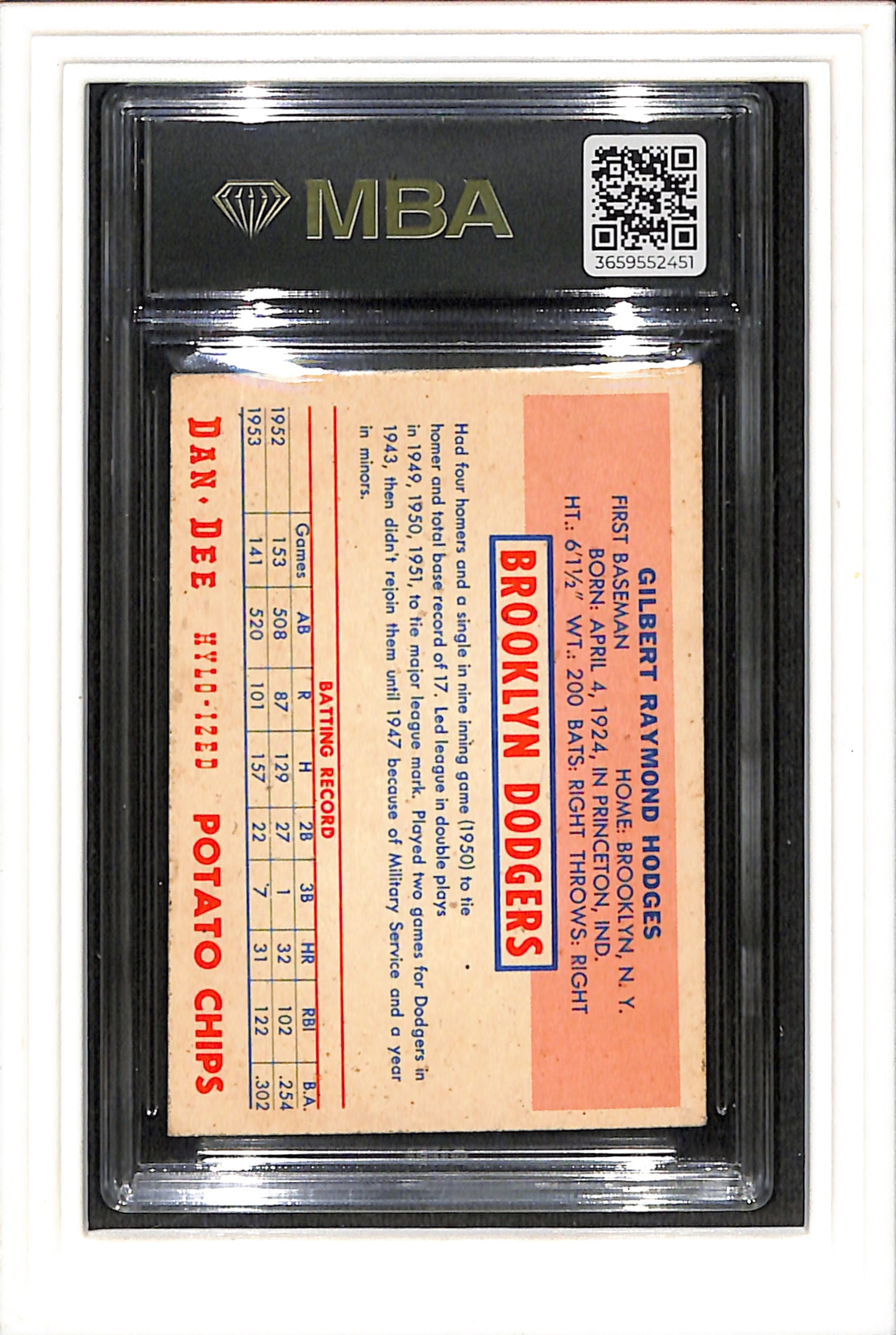 1954 Dan-Dee Potato Chips Gil Hodges MBA 2 SN 3659552451 RARE!