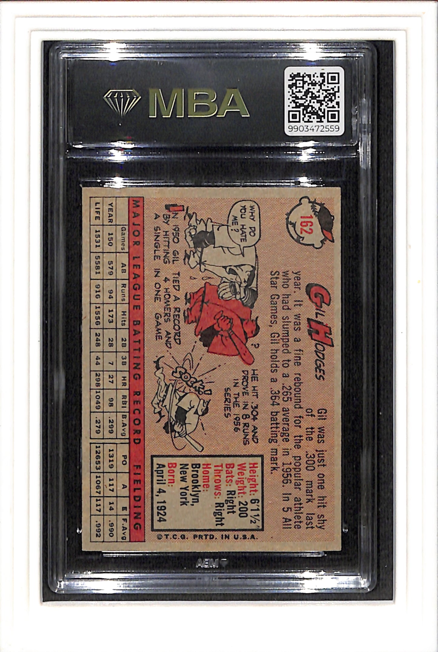1958 Topps #162 Gil Hodges MBA 4 SN 9903472559