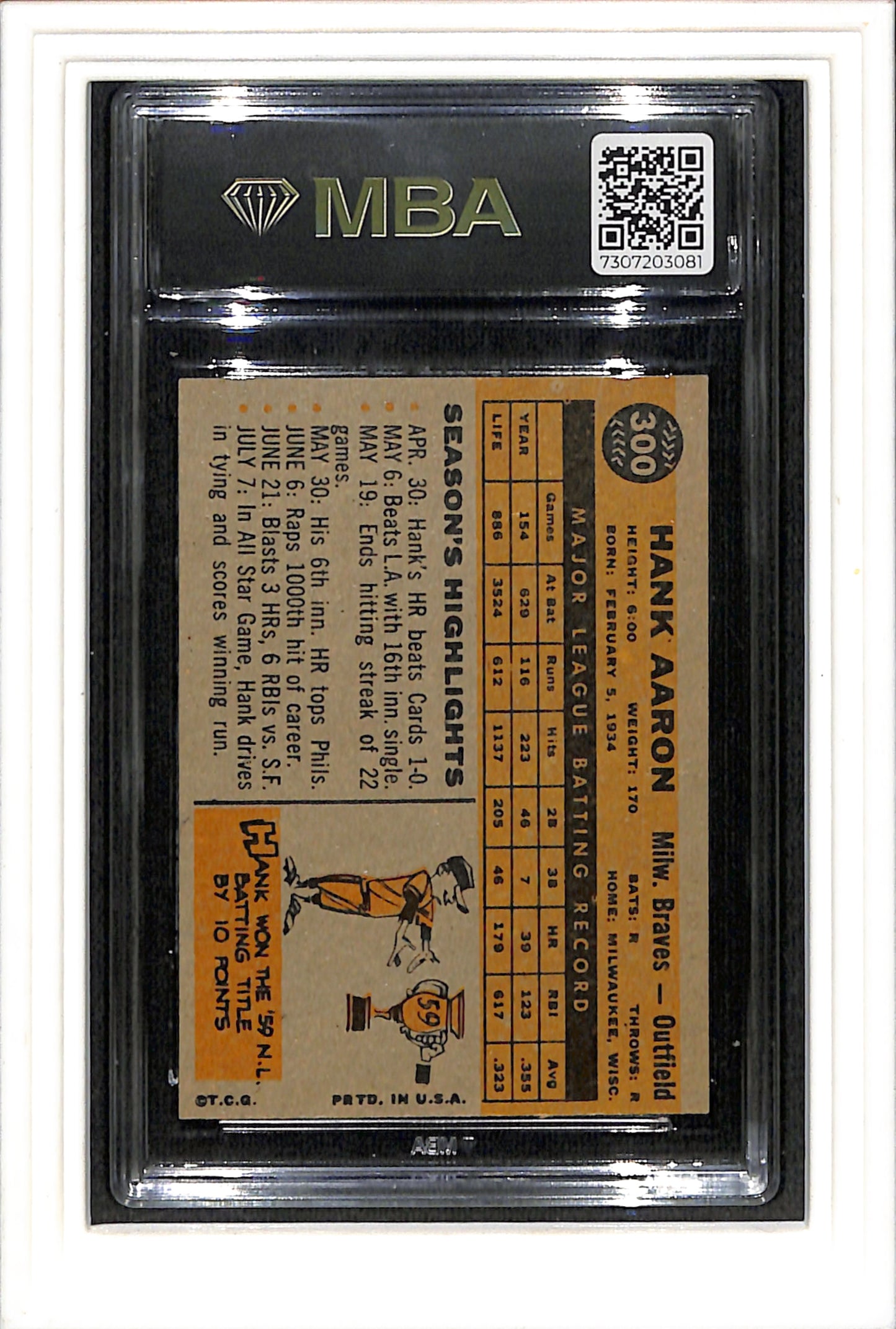 1960 Topps #300 Hank Aaron MBA 7 SN 7307203081 Wow!