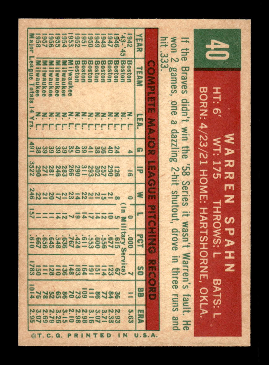 0005 - 1959 Topps #40b Warren Spahn Milwaukee Braves NMT 10012355