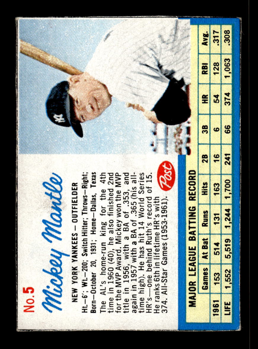 0003 - 1962 Post Cereal #5a Mickey Mantle New York Yankees 10012356