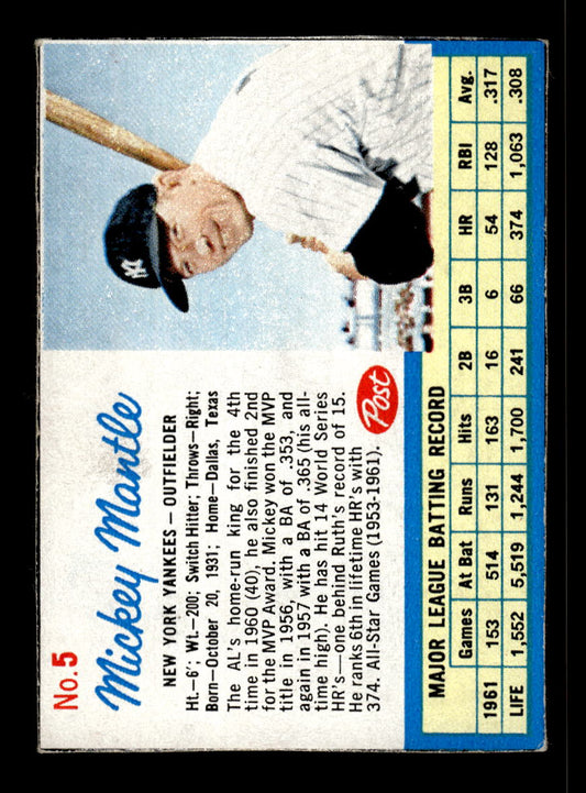 0003 - 1962 Post Cereal #5a Mickey Mantle New York Yankees EX 10012356