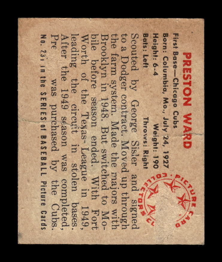 1950 Bowman #231 Preston Ward Chicago Cubs Poor 10012724