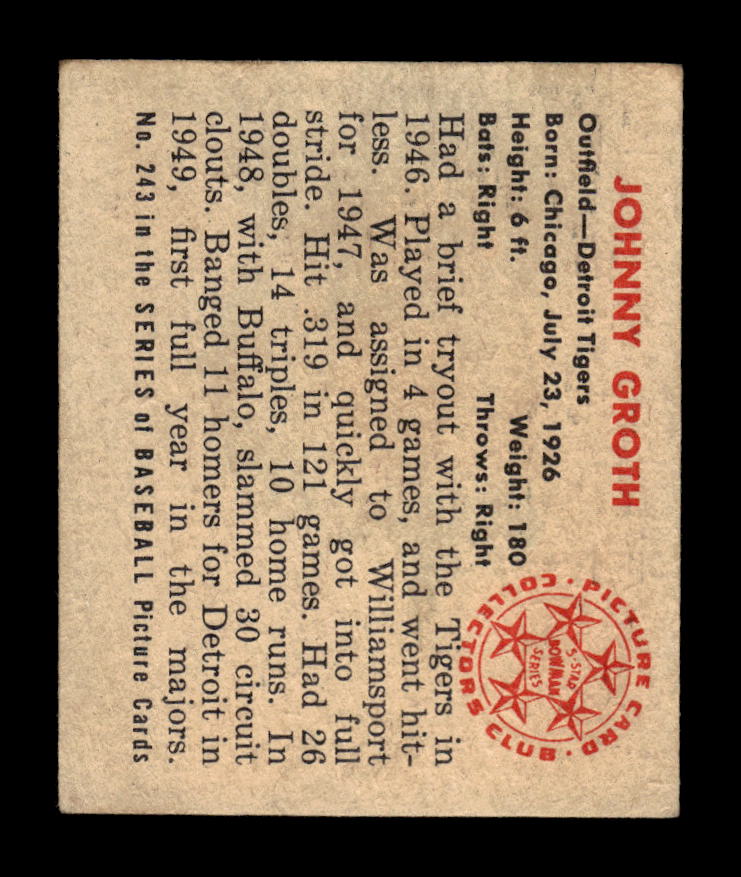 1950 Bowman #243 Johnny Groth Detroit Tigers Poor 10012726