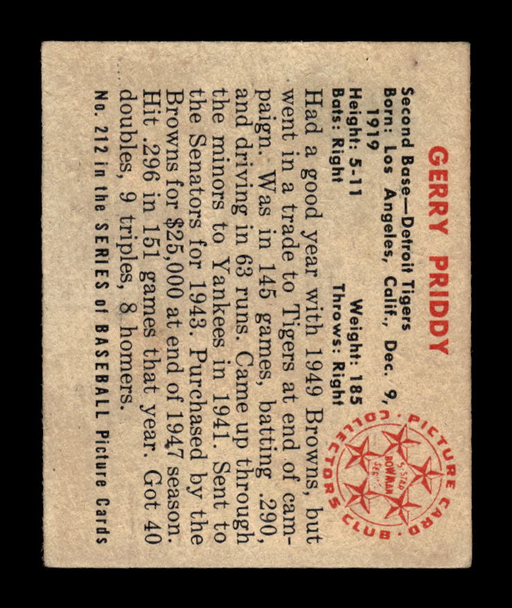 1950 Bowman #212 Jerry Priddy Detroit Tigers Poor 10012727