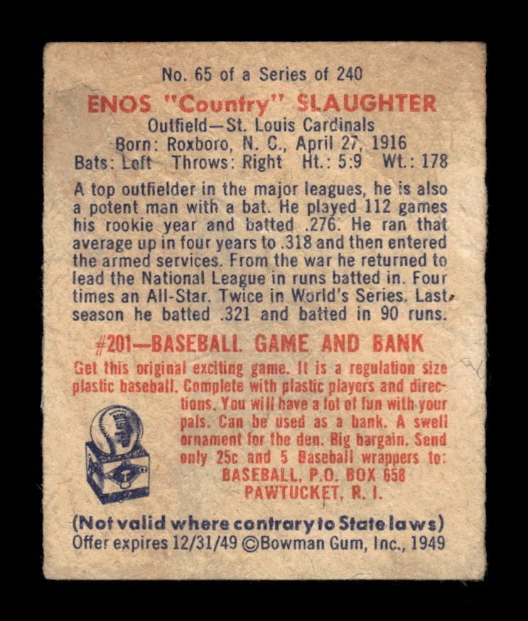 1949 Bowman #65 Enos Country Slaughter St. Louis Cardinals Poor 10012746