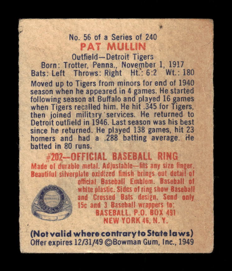 1949 Bowman #56 Pat Mullin Detroit Tigers Poor 10012748
