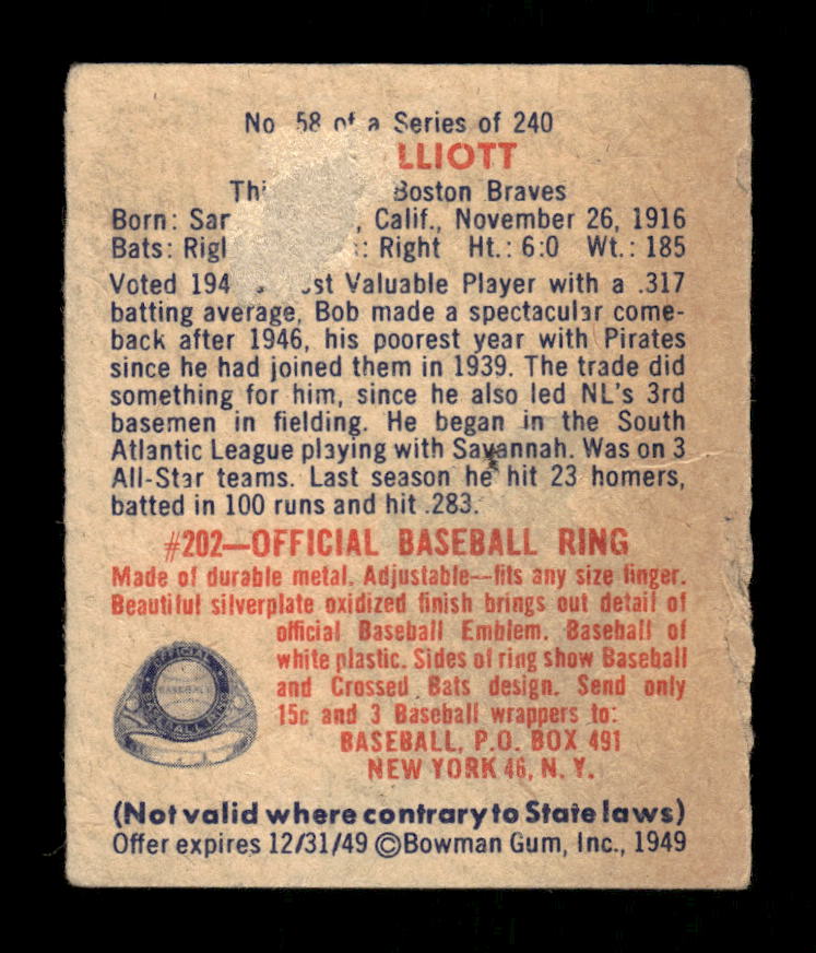 1949 Bowman #58 Bob Elliott Boston Braves Poor 10012751