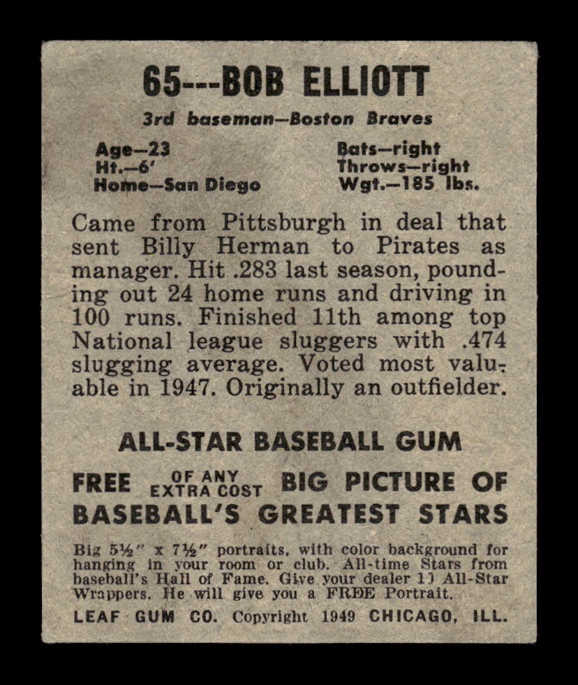 1948-49 Leaf #65 Bob Elliott Boston Braves VG 10012753