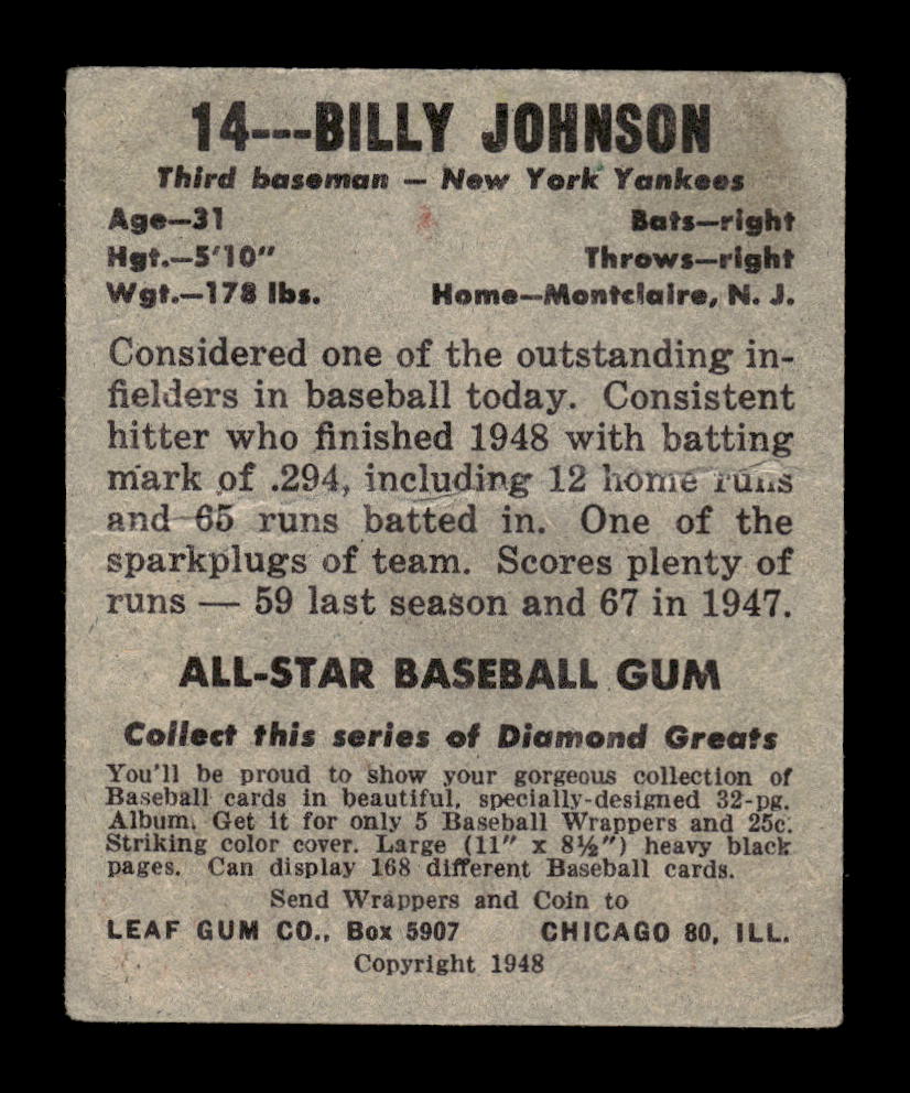 1948-49 Leaf #14 Billy Johnson New York Yankees VG 10012755