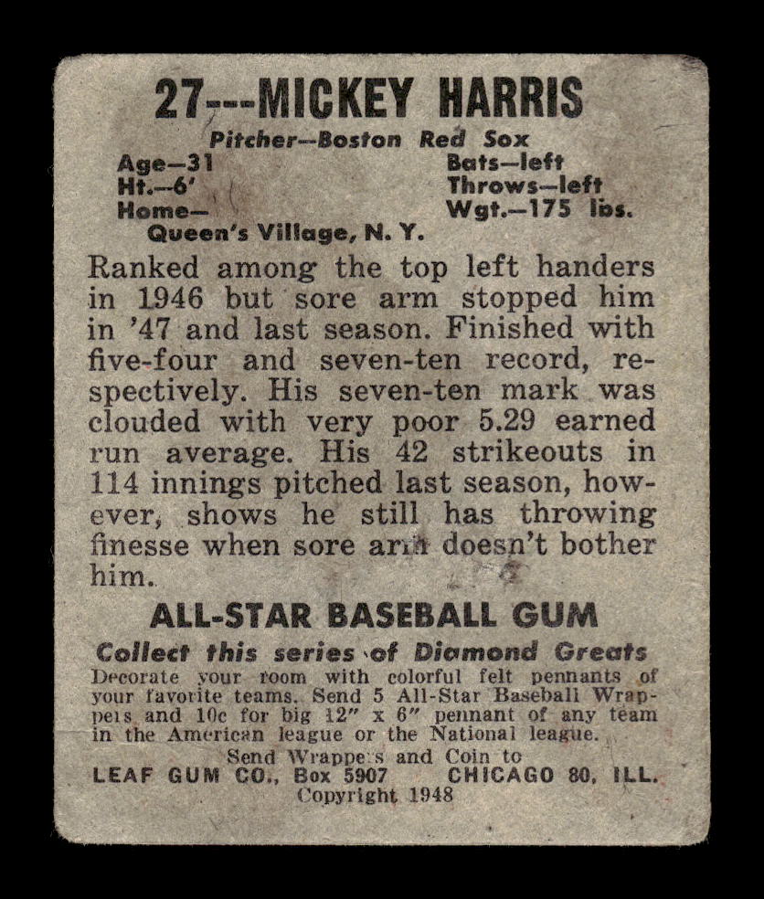 1948-49 Leaf #27 Mickey Harris Boston Red Sox VG 10012756