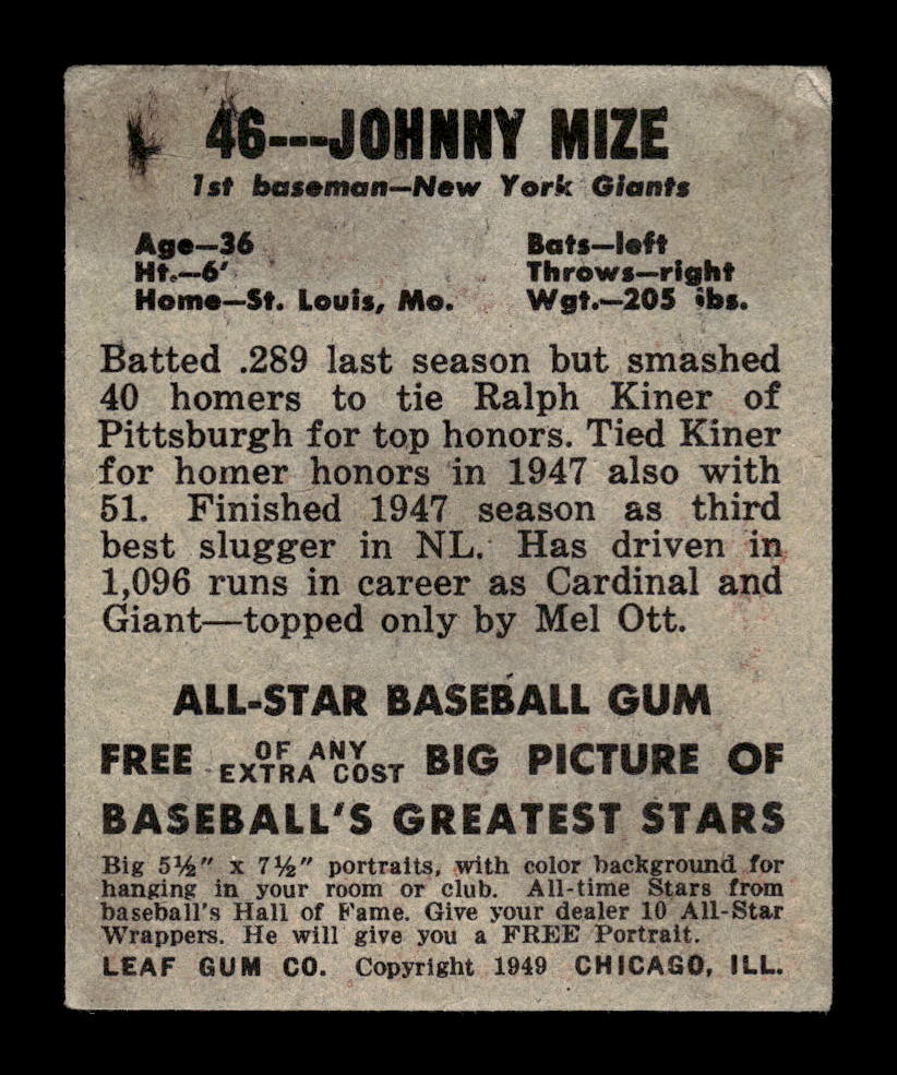 1948-49 Leaf #46 Johnny Mize New York Giants VG 10012758