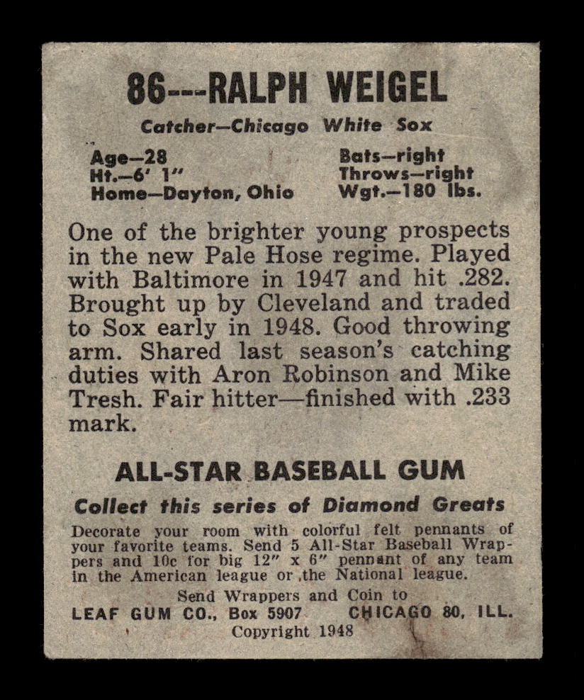 1948-49 Leaf #86 Ralph Weigel Chicago White Sox VG 10012761