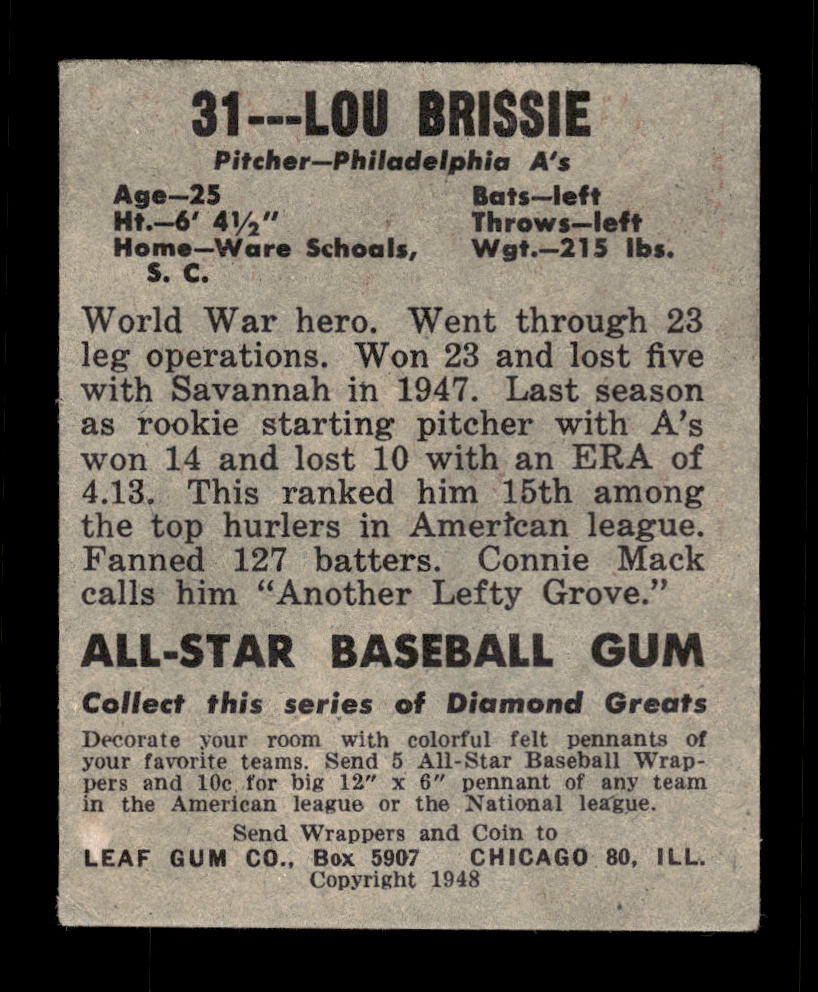 1948-49 Leaf #31 Lou Brissie Philadelphia Athletics VG 10012763