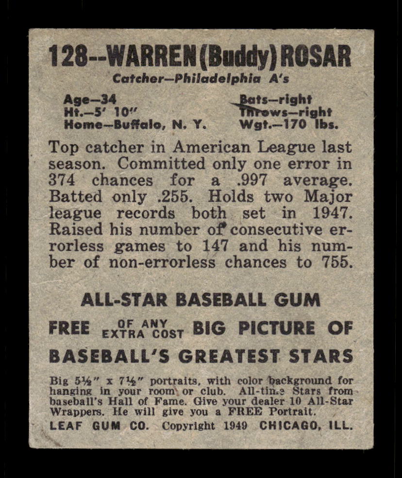 1948-49 Leaf #128 Warren Rosar Philadelphia Athletics VG 10012764