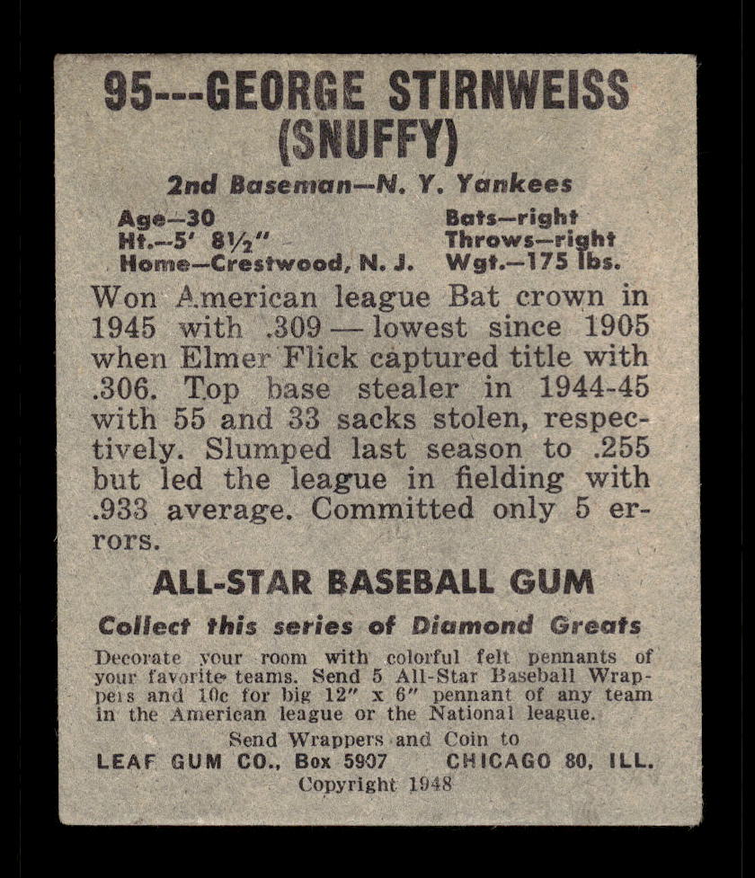 1948-49 Leaf #95 George Stirnweiss New York Yankees VG 10012765