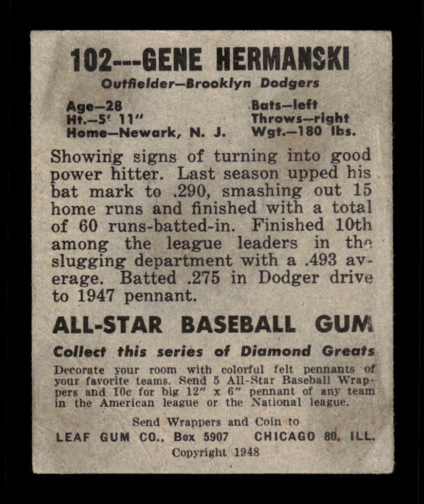 1948-49 Leaf #102 Gene Hermanski Brooklyn Dodgers VG 10012766