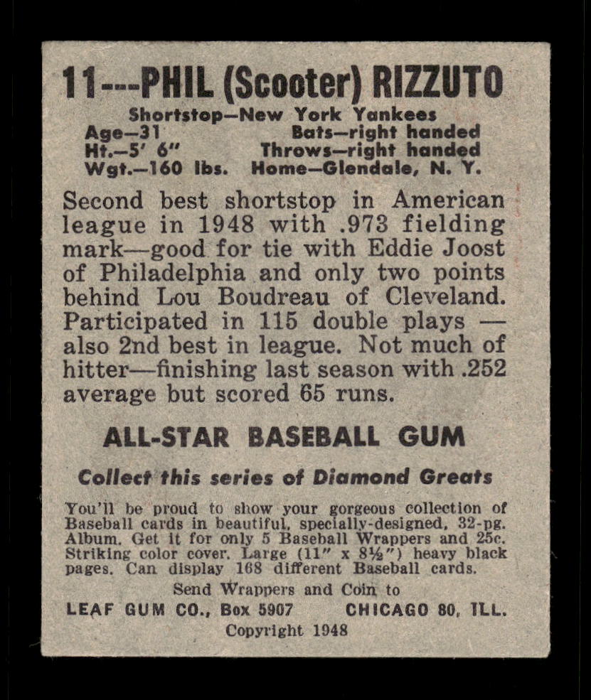 1948-49 Leaf #11 Phil Rizzuto New York Yankees VGEX 10012767
