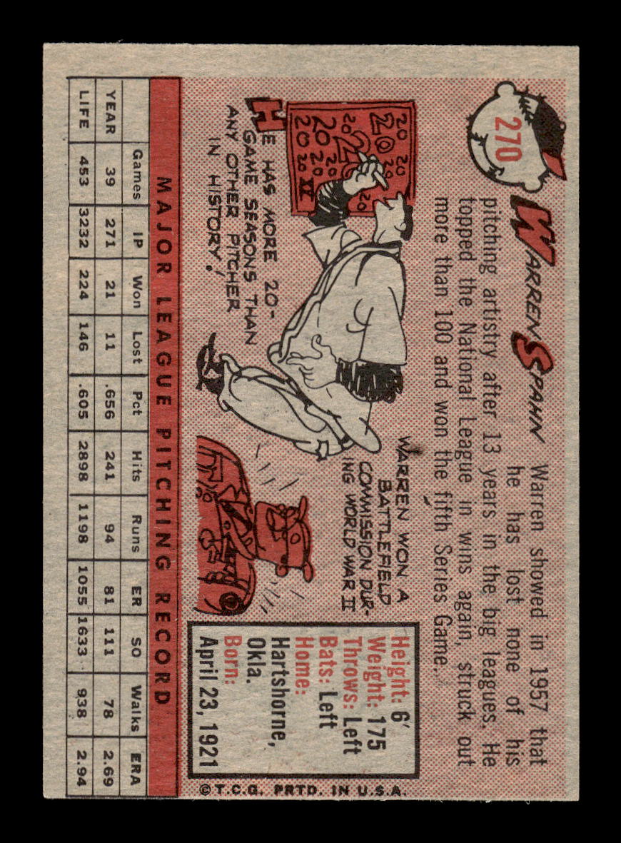 0004 - 1958 Topps #270 Warren Spahn Milwaukee Braves EX 10012785