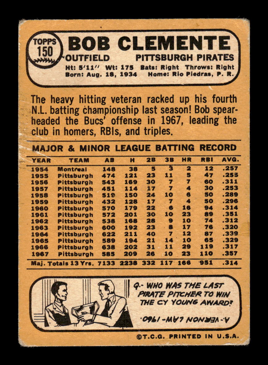0007 - 1968 Topps #150 Bob Clemente Pittsburgh Pirates G/VG 10012789
