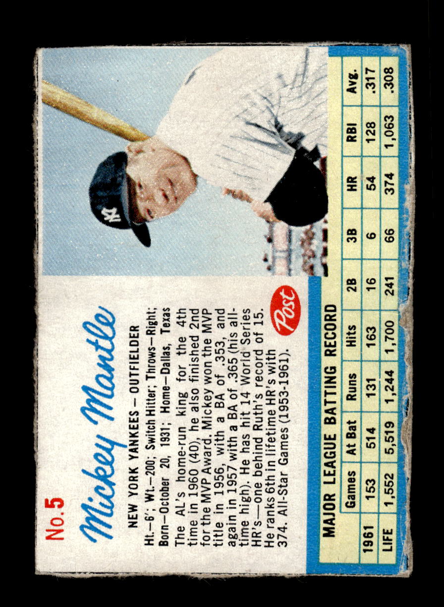 0010 - 1962 Post Cereal #5a Mickey Mantle New York Yankees G 10012791